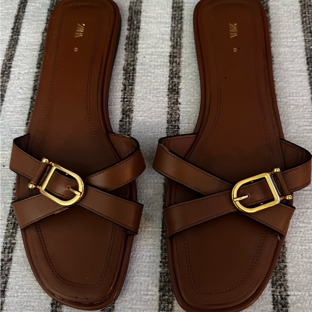 Zara Brown Sandals with Gold Buckle